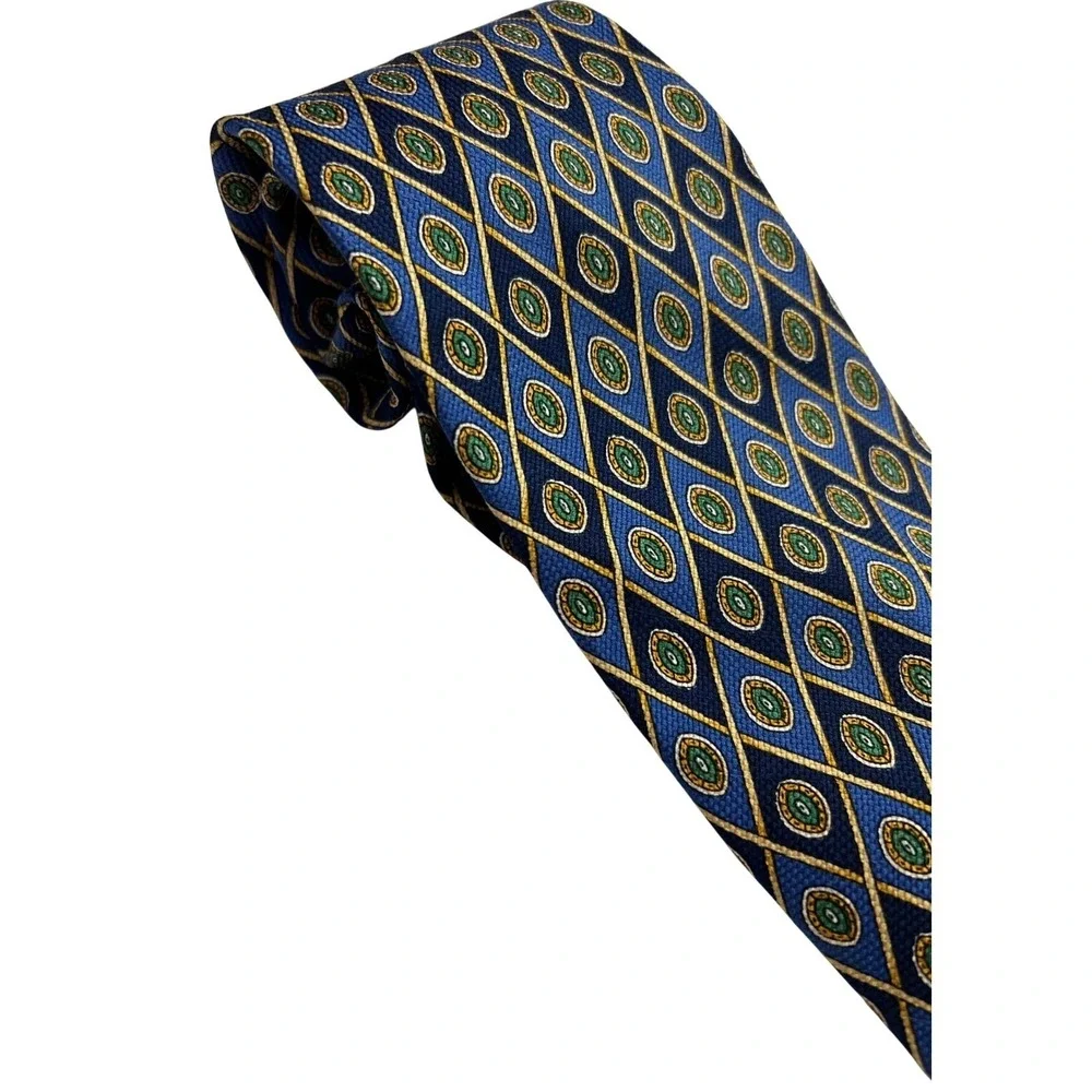 Tommy Hilfiger Silk Tie Mens OS Blue Geometric Diamond Medallion Made in USA A54